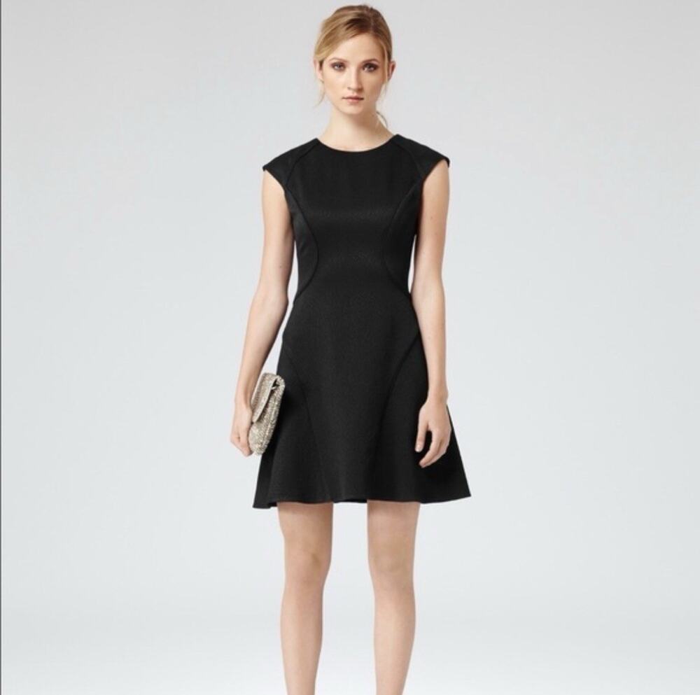 Reiss Skala Fit and Flare Dress Womens US 6 Black Textured Cap Sleeve